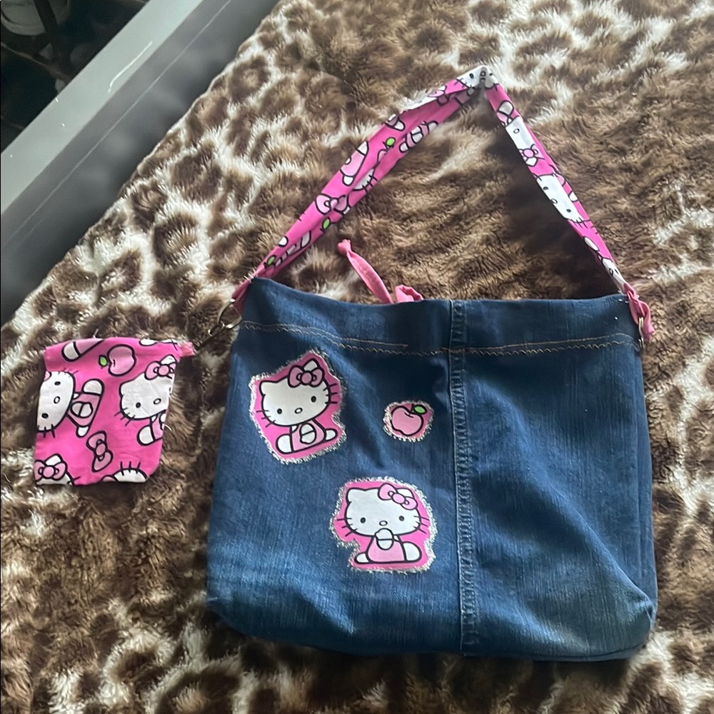 Hello Kitty Pink and Blue Denim Bag clipped with hello kitty coin bag